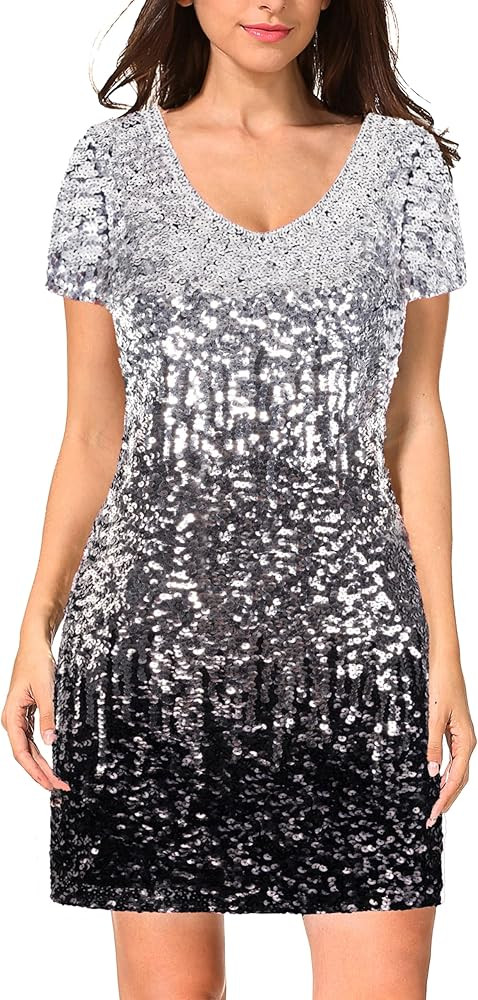 MANER Women's Sequin Glitter Short Sleeve Dress Sexy V Neck Mini Party Club Bodycon Dresses | Amazon (US)