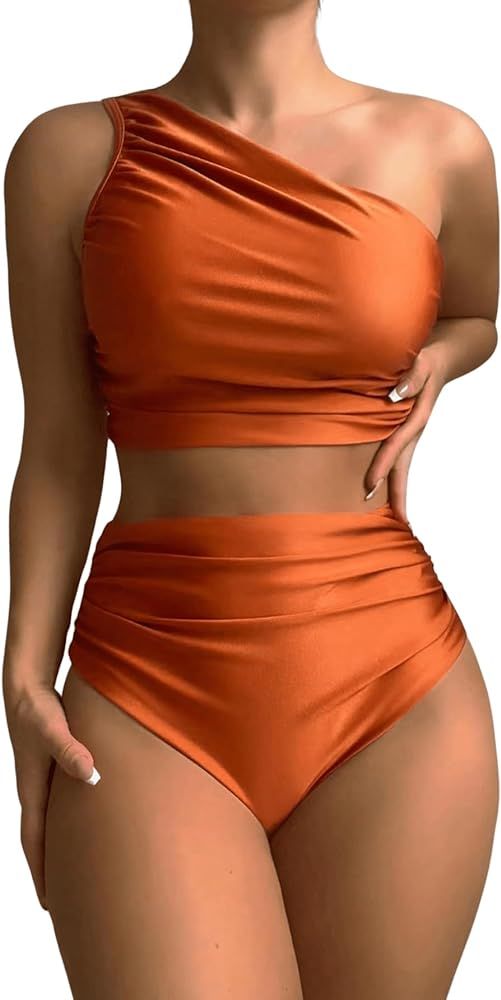 Milumia Women's 2 Piece One Shoulder Bikini Swimsuits Ruched High Waisted Bathing Suit | Amazon (US)