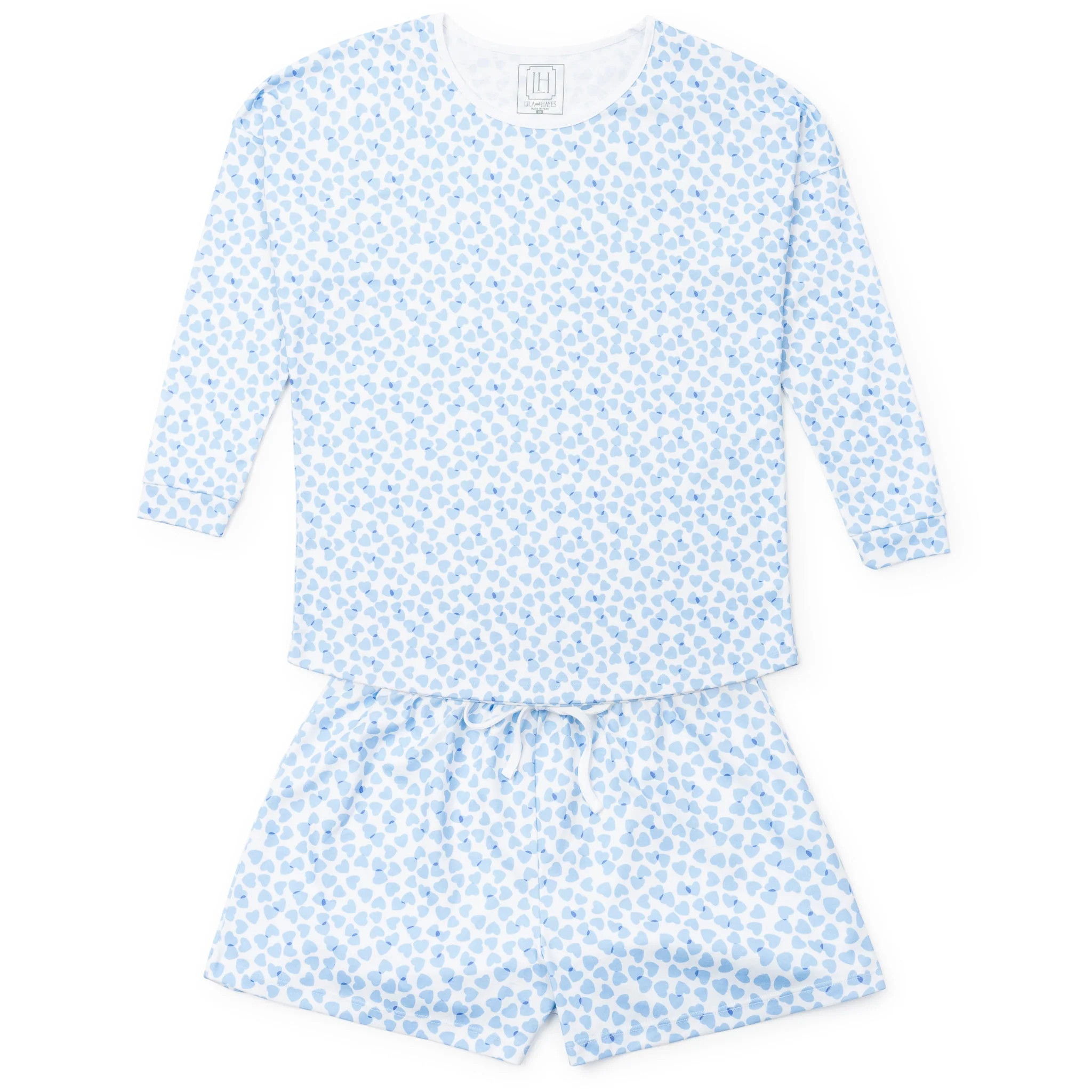 Anna Women's Longsleeve Short Set - Confetti Hearts Blue | Lila and Hayes