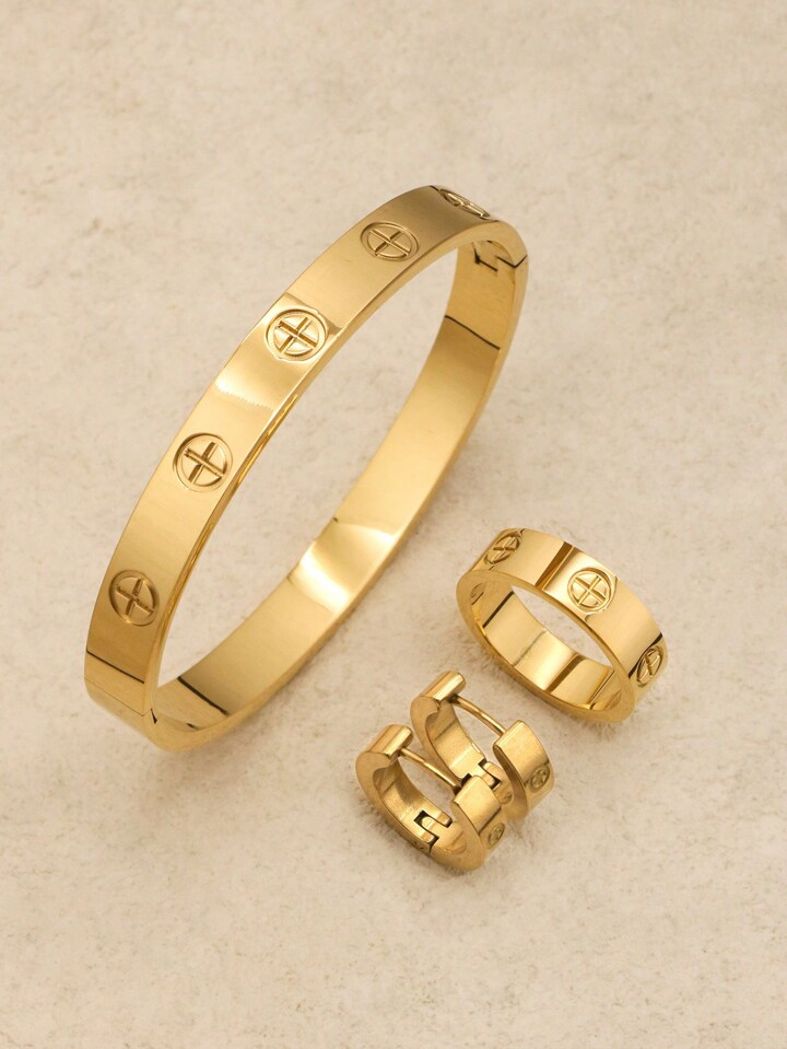 1Set/4Pcs Fashion Gold Color Round Stainless Steel Bracelet Earrings Ring Set Love Bangle Jewelry... | SHEIN