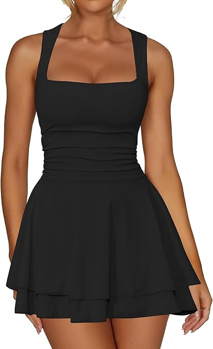 Kaximil Women's Square Neck Ruffle Hem Mini Dress Ruched Waist Short Party Dresses | Amazon (US)