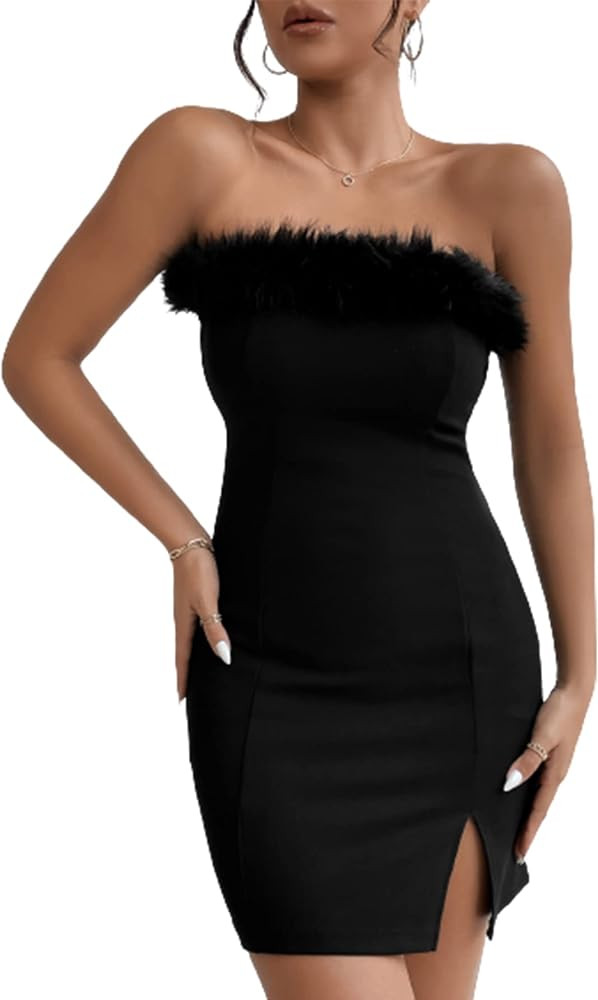 SHENHE Women's Sleeveless Strapless Fuzzy Trim Split Hem Bodycon Tube Mini Dresses | Amazon (US)