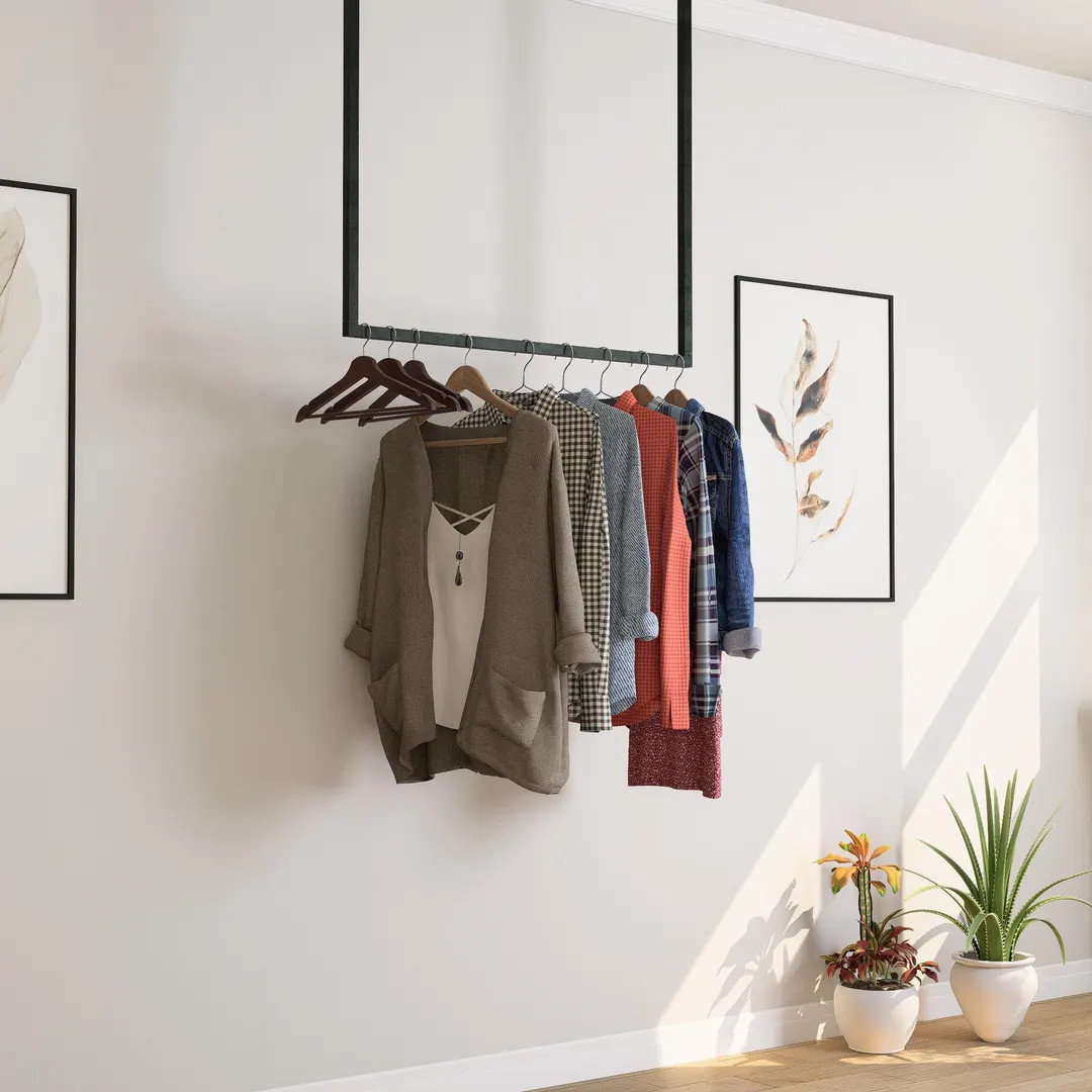 Black Ceiling Clothes Rack: Minimalist Space-Saving Clothing Rail | Etsy (US)