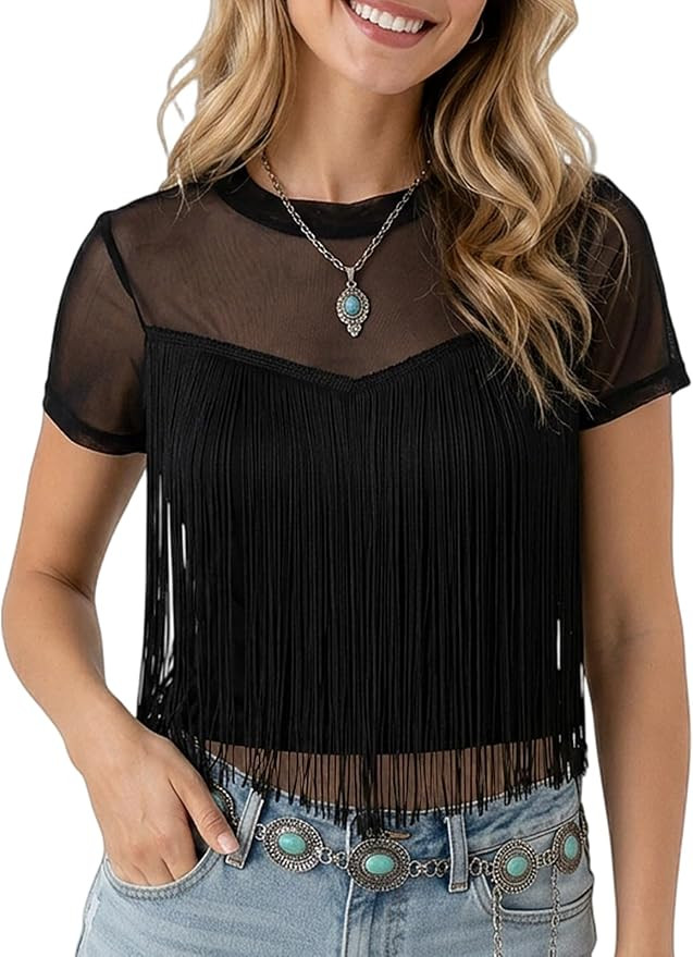Noomelfish Womens Fringe Mesh Sheer Western Cowgirl Tops Short Sleeve Tassel Country Concert Outf... | Amazon (US)