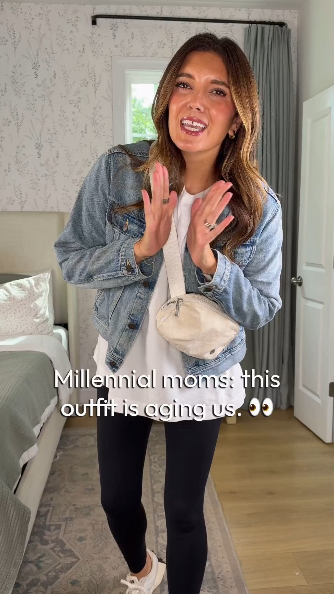 Millennial mom upgrade!! I’m 5’7” in a size small barrel pants, tee and Levi’s denim jacket.