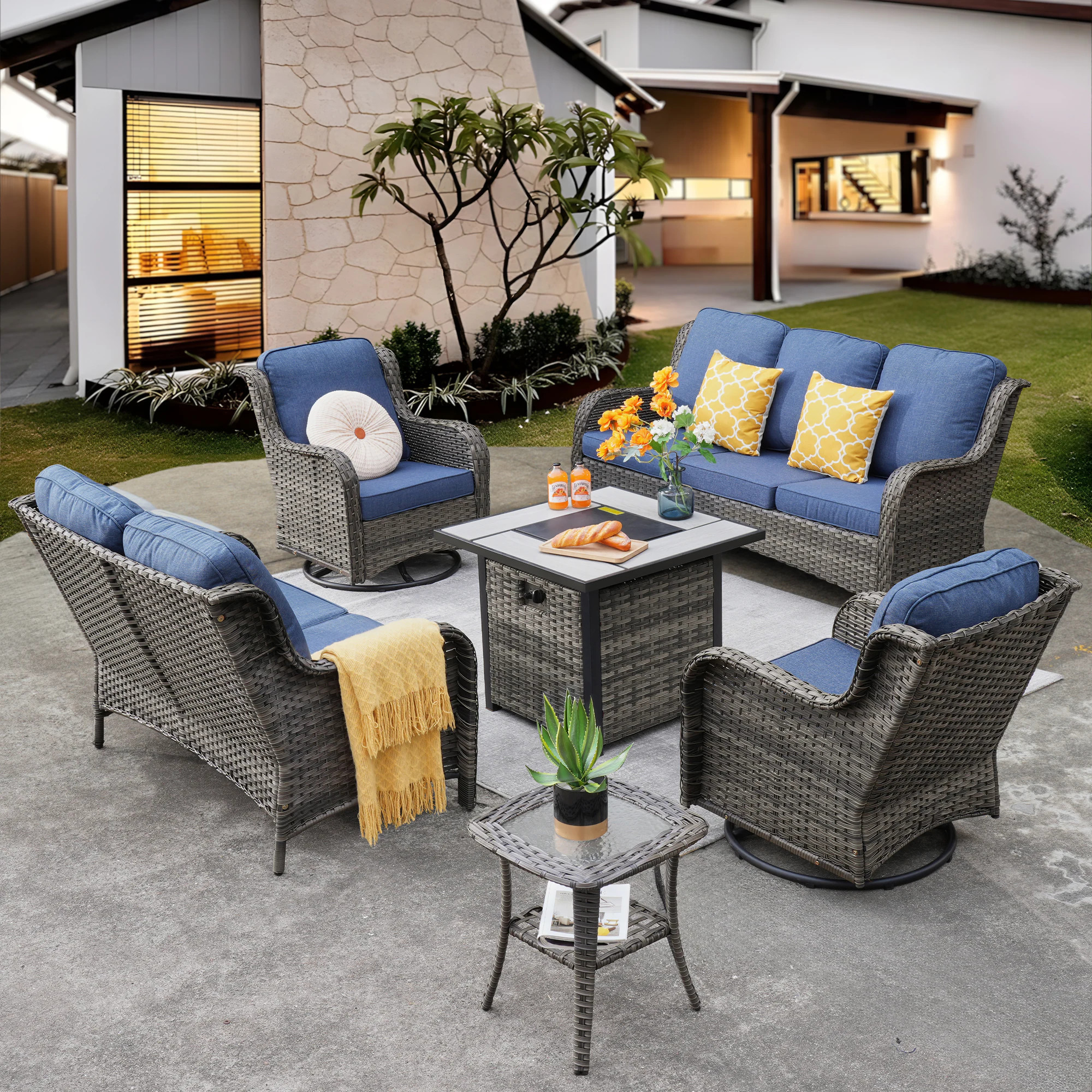Ovios 6 -Piece Rattan Patio Sofa Conversation Set with Blue Cushions one_size | FPGNTC3-6Y | Lowe's