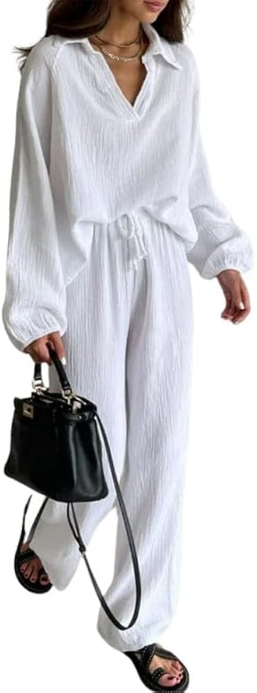 ZOCAVIA 2 Piece Women's Cotton Set Summer V Neck Long Sleeve Elastic Waistband Wide Leg Pant Suit... | Amazon (US)