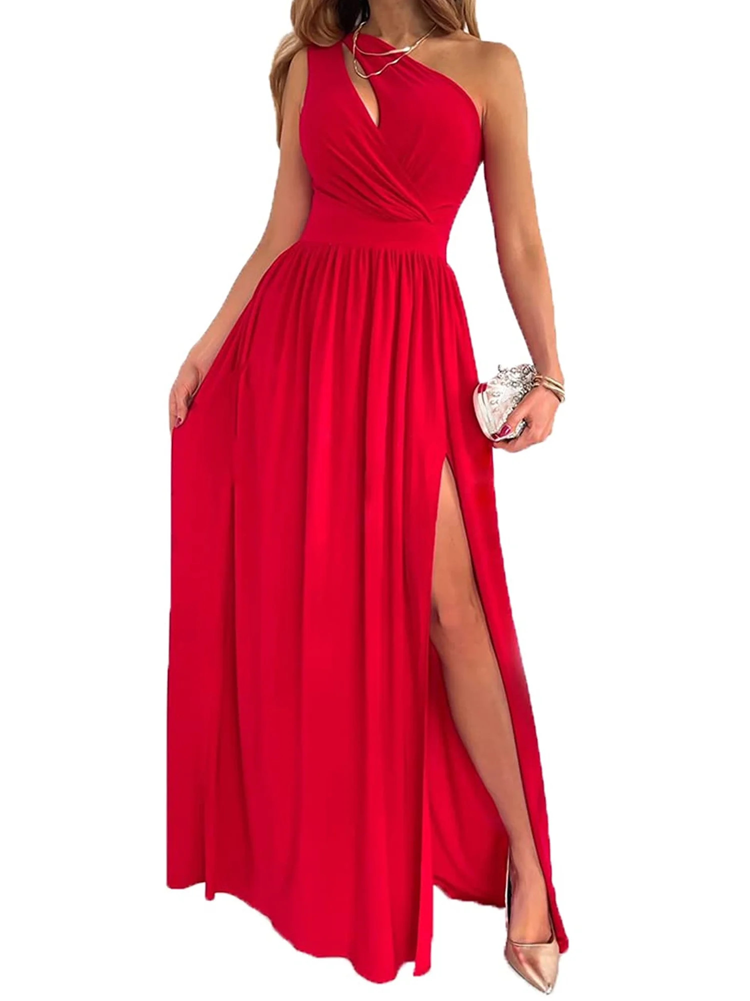 Women One Shoulder Hollow Slit Long Red Satin Dress Elegant Sleeveless High Waist Party Ruched Ma... | Walmart (US)