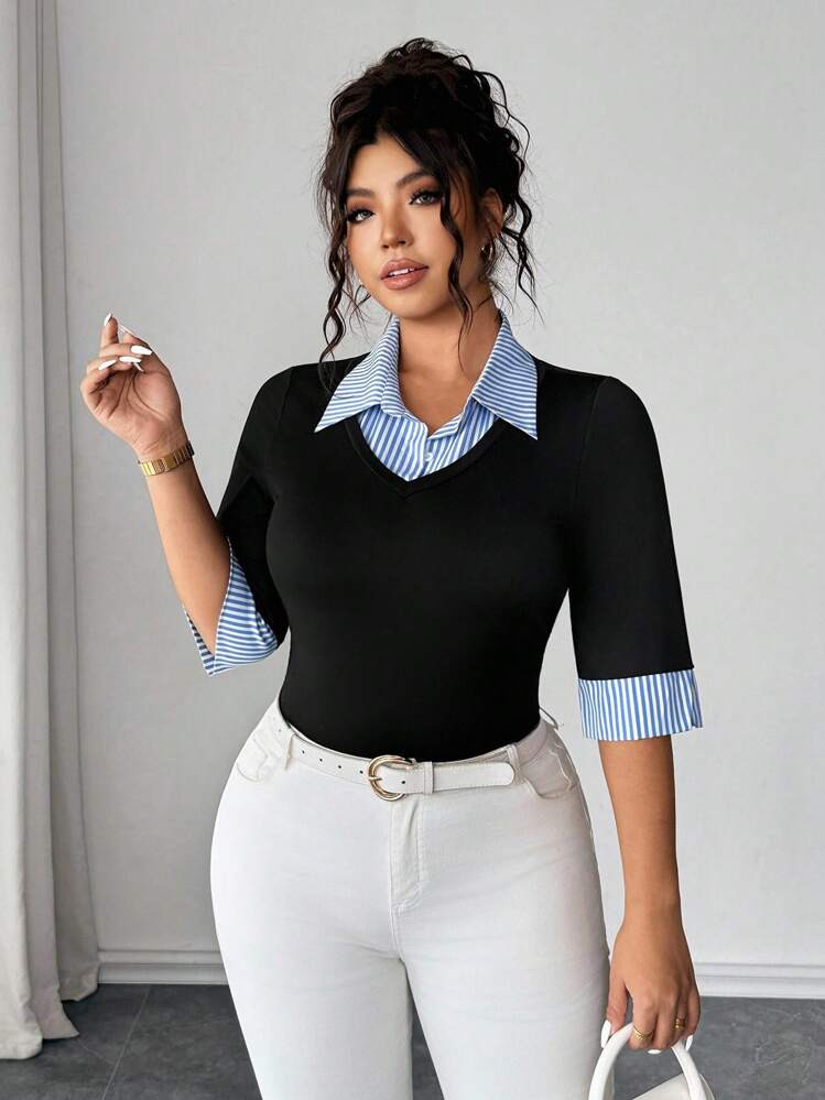Elenzga Plus Size Women's Spring/Summer Colorblock Striped 2-In-1 Top | SHEIN