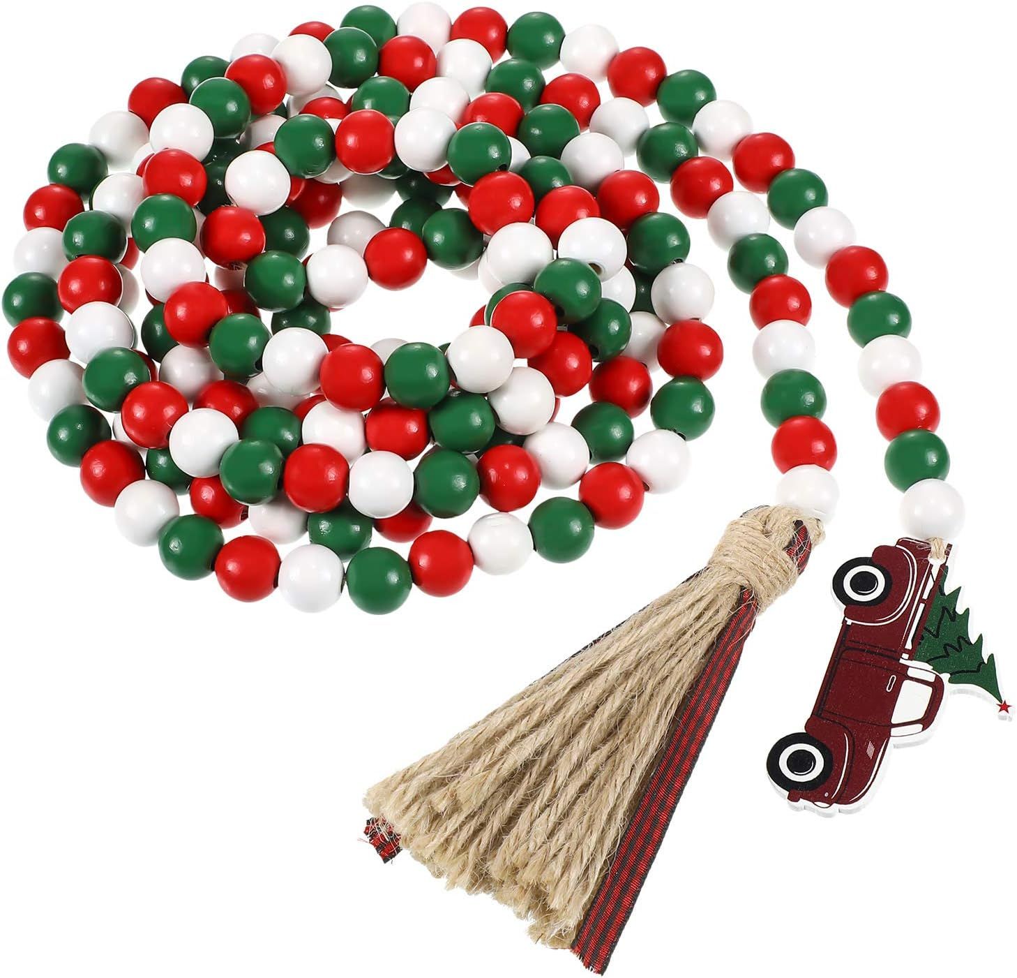 9 Feet Christmas Wooden Bead Garland Buffalo Plaid Rustic Tassels and Red Truck Tag Beaded Tasse... | Amazon (US)