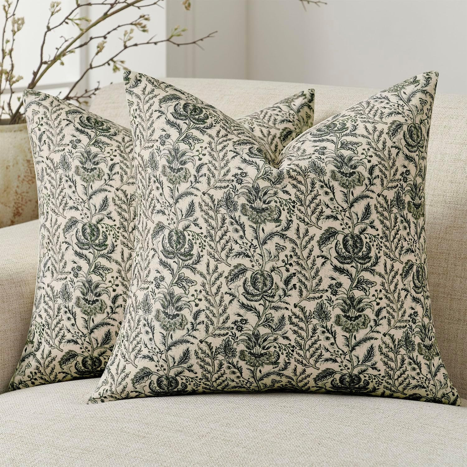 Amor Virisso Floral Pillow Covers 18x18 Set of 2 Vintage Block Print Pillow Covers Neutral Floral Striped Farmhouse Accent Decorative Pillow Covers for Sofa Bed, Green | Amazon (US)