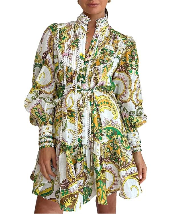 tiptupu Women's Bohemian Floral Print Button Down Long Lantern Sleeve Shift Tunic Dress Casual Ru... | Amazon (US)