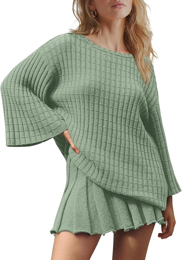 LAMISSCHE Womens Lounge Set Oversized 2 Piece Sweater Skirt Sets Long Sleeve Knit Top Pleated Ski... | Amazon (US)