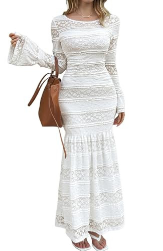 Women's Bodycon Lace Maxi Dress Elegant Long Sleeve Floral Long Mermaid Dresses for Wedding Guest Cocktail Vacation Beige M | Amazon (US)