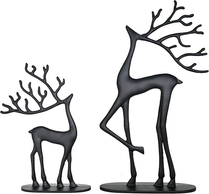 Modern Reindeer Statues Set of 2 Cast Aluminum Black Deer Sculpture Accent Figurine, Decorative, ... | Amazon (US)