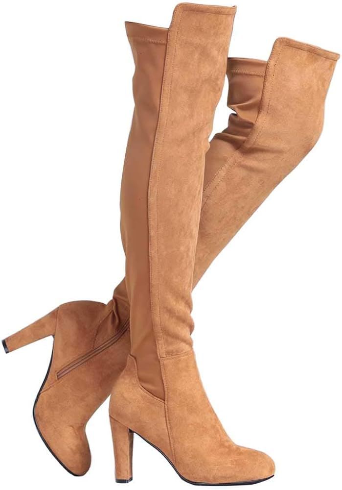 Shoe'N Tale Women Faux Suede Chunky Heel Stretch Over The Knee Thigh High Boots | Amazon (US)