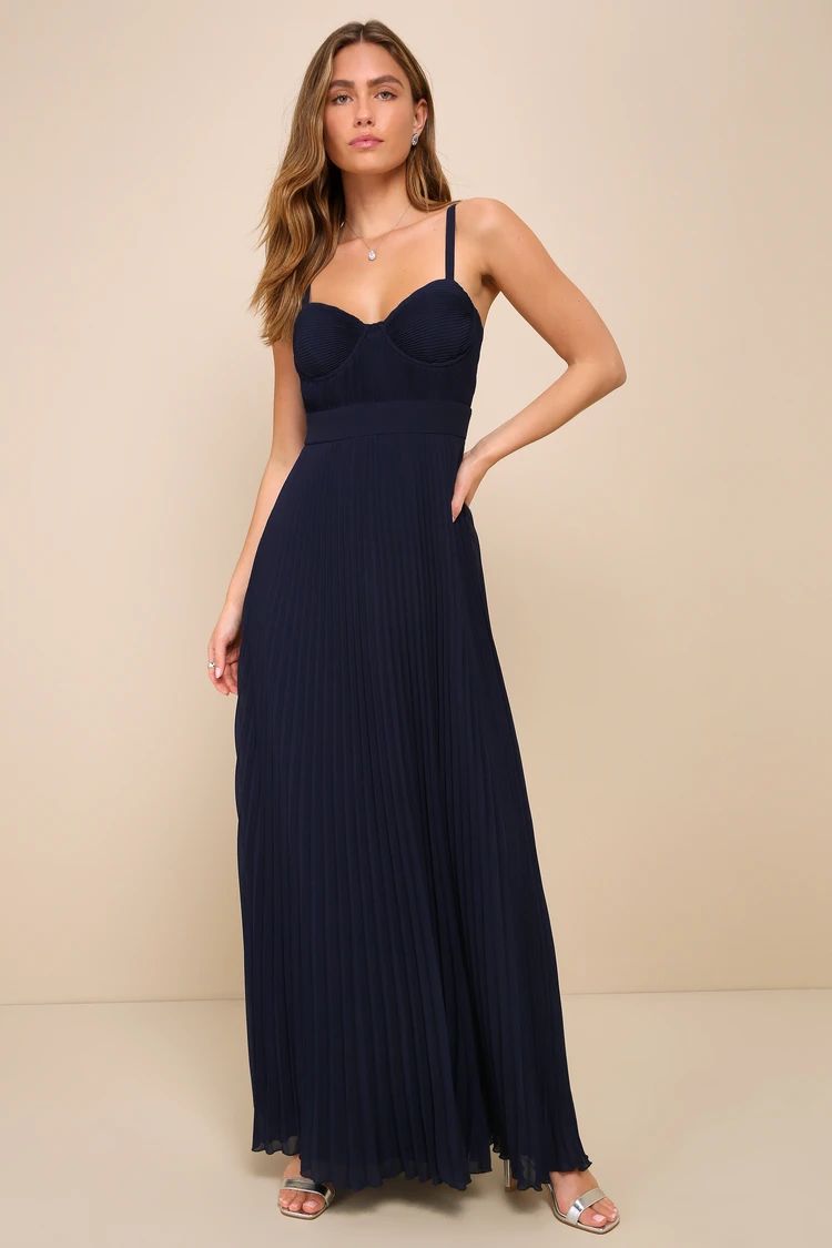 Navy Blue Pleated Bustier Maxi Dress | Navy Blue Dress | Spring Wedding Guest Dress | Lulus