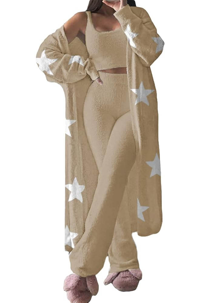 Fixmatti Women's Fuzzy 3 Piece Sweatsuit Open Front Cardigan Crop Tank Tops Wide Legs Pants Loung... | Amazon (US)