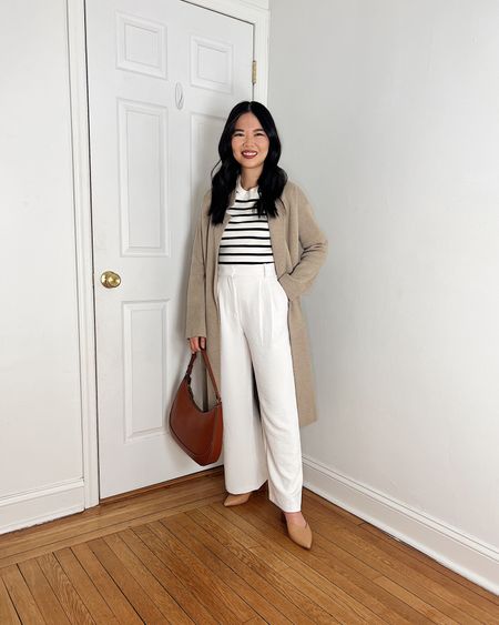 Beige sweater blazer (XXS)
Light brown sweater blazer
Navy and white striped sweater (XS)
White pants (27S)
Brown bag
Brown crescent bag
Tan pumps (1/2 size up)
Tan mule pumps
Neutral outfit
Spring work outfit
Abercrombie outfit
Smart casual outfit

#LTKworkwear #LTKfindsunder100 #LTKSeasonal