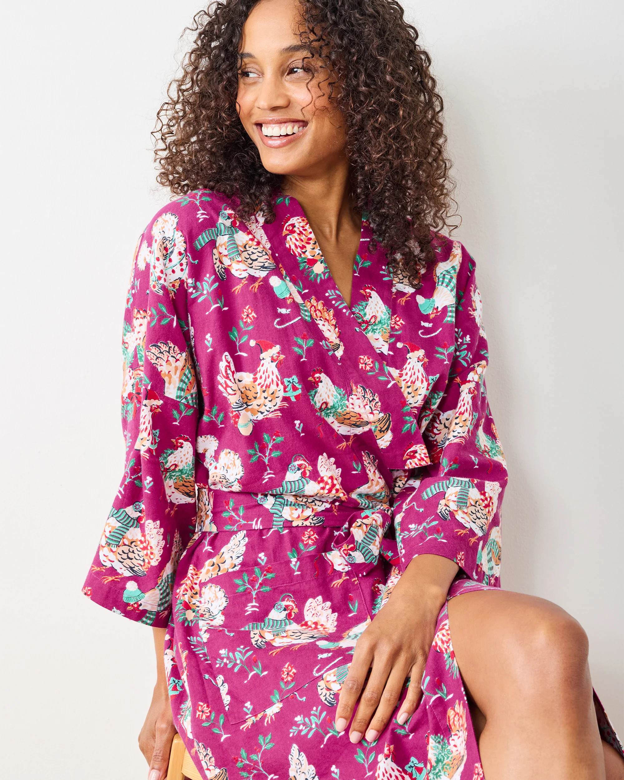 Holiday Hens - Lightweight Flannel Long Robe - Burgundy | Printfresh