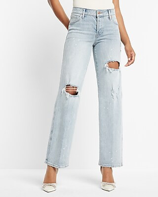 Low Rise Light Wash Ripped Baggy Straight Jeans | Express