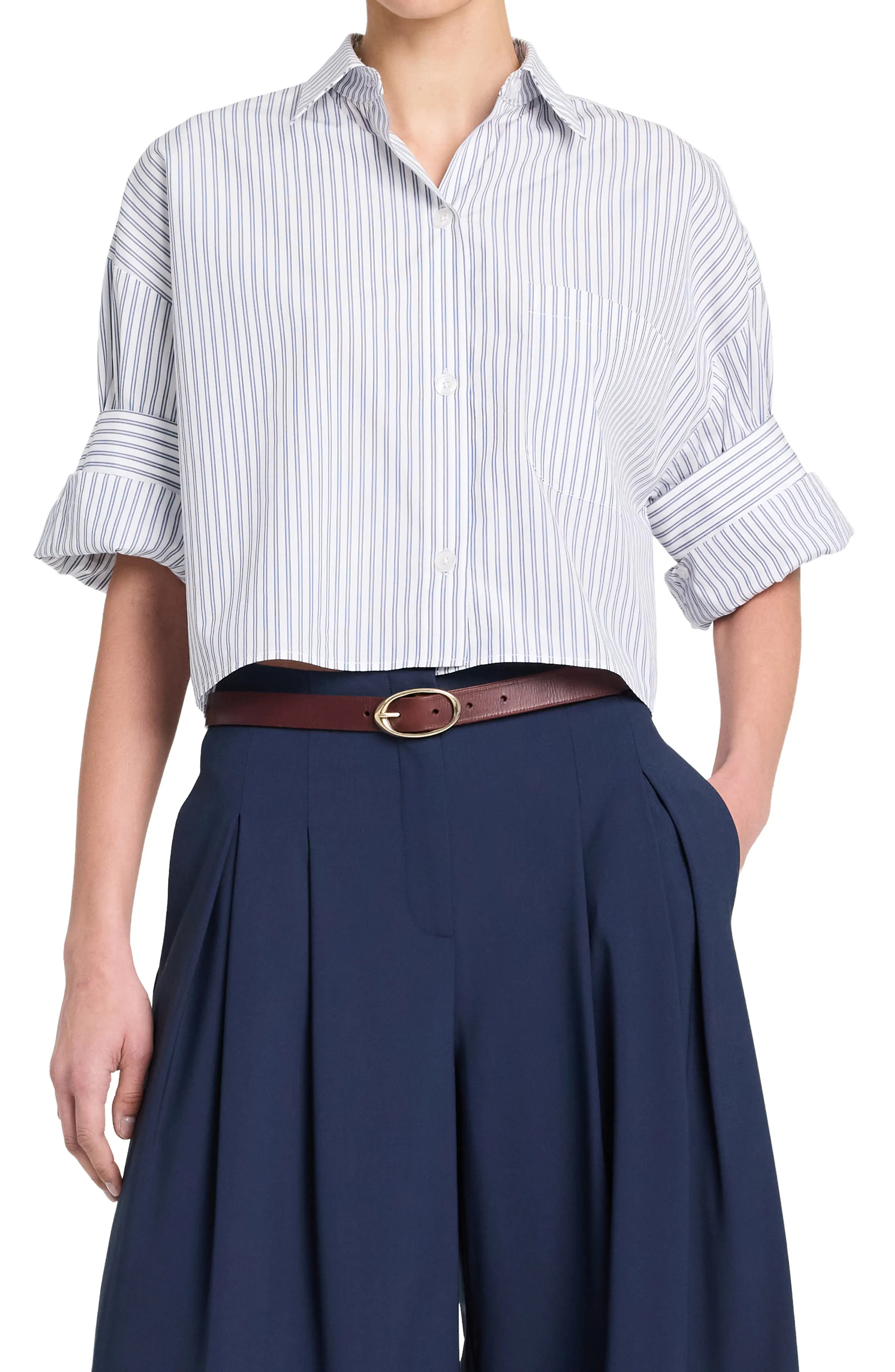TWP Next Ex Stripe Crop Shirt in White/blue at Nordstrom, Size X-Small | Nordstrom