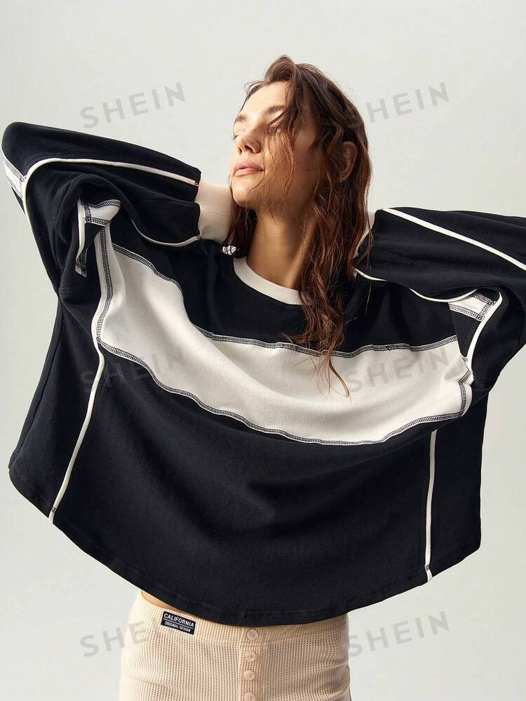 Bohemela Casual Sports Knit Color Blocked Crew Neck Long Sleeve Loose Fit Women Sweatshirt | SHEIN