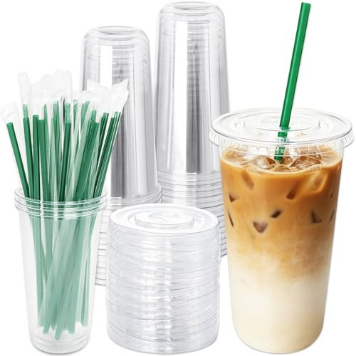 Qinsihwn 25 Sets 20 oz Plastic Cups with Lids and Green Straws,Disposable Iced Coffee Cups,Clear To Go Cups for Cold Drinks,Smoothies,Juice,Party,Picnic | Amazon (US)