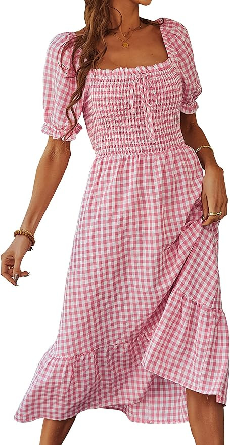 AOVDE Women's Short Sleeve Dress Square Neck Summer Dress High Waist Casual Elegant Ruffled Party... | Amazon (US)