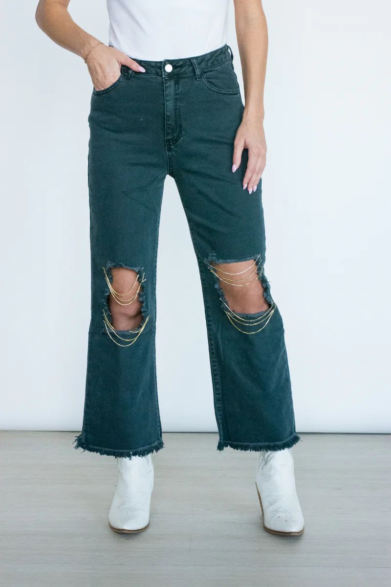 All in the Details Rhinestone Frayed Knee Denim Jeans | Apricot Lane Boutique