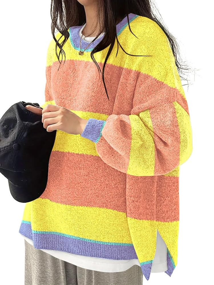 Women's Oversized Crewneck Sweaters Batwing Long Sleeve Side Slit Ribbed Knit Pullover Sweater To... | Amazon (US)