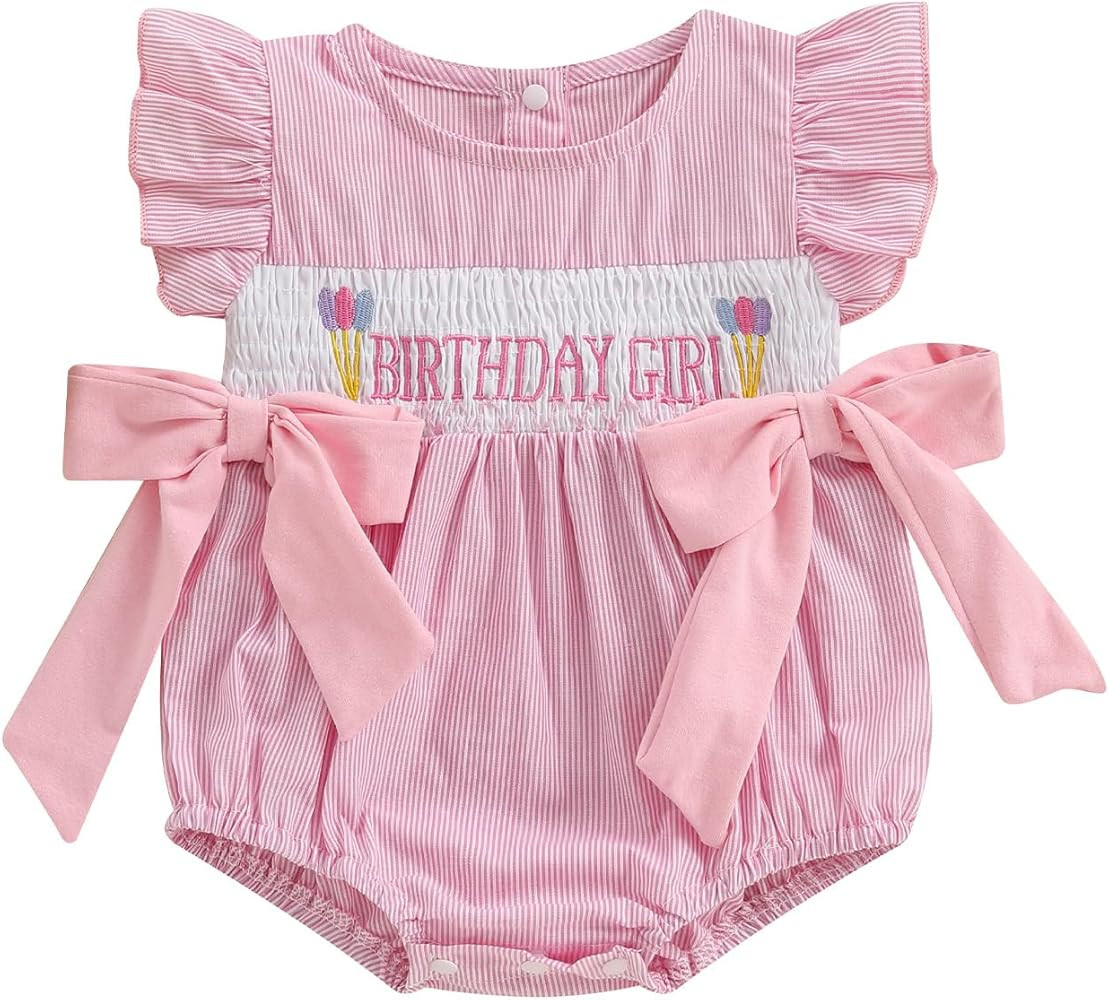 Newborn Baby Girl Half First Birthday Outfit Smocked Bubble Romper Fly Sleeve Bodysuit Cake Smash... | Amazon (US)