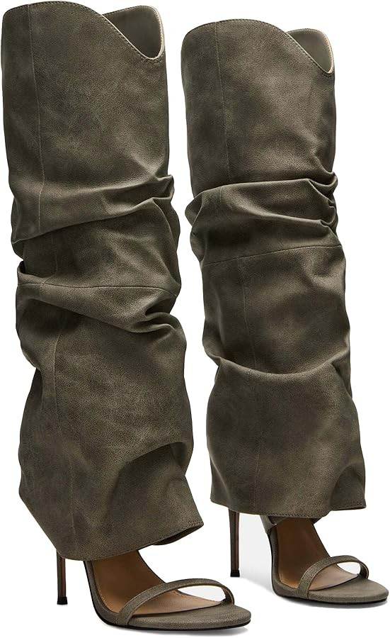 Slouchy Knee High Boots for Women Open Toe High Heel Sandals Boots Pull On Long Fashion Stiletto ... | Amazon (US)