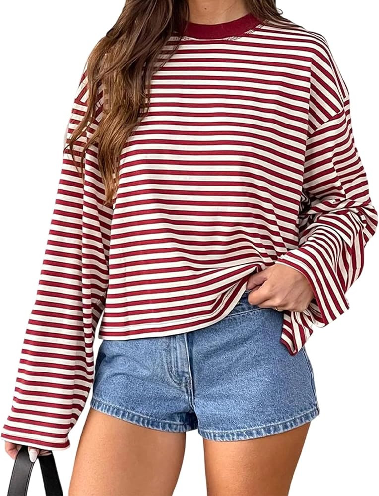 Women Striped Long Sleeve Top Crew Neck Color Block Tee Shirts Loose Basic T Shirt Fall Fashion 2... | Amazon (UK)