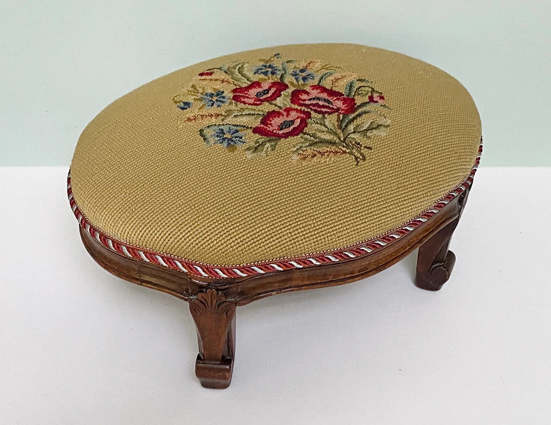 Vintage Small Oval Foot Rest With Floral Tapestry Needlepoint, Braid Trim & Carved Wooden Legs Pr... | Etsy (US)