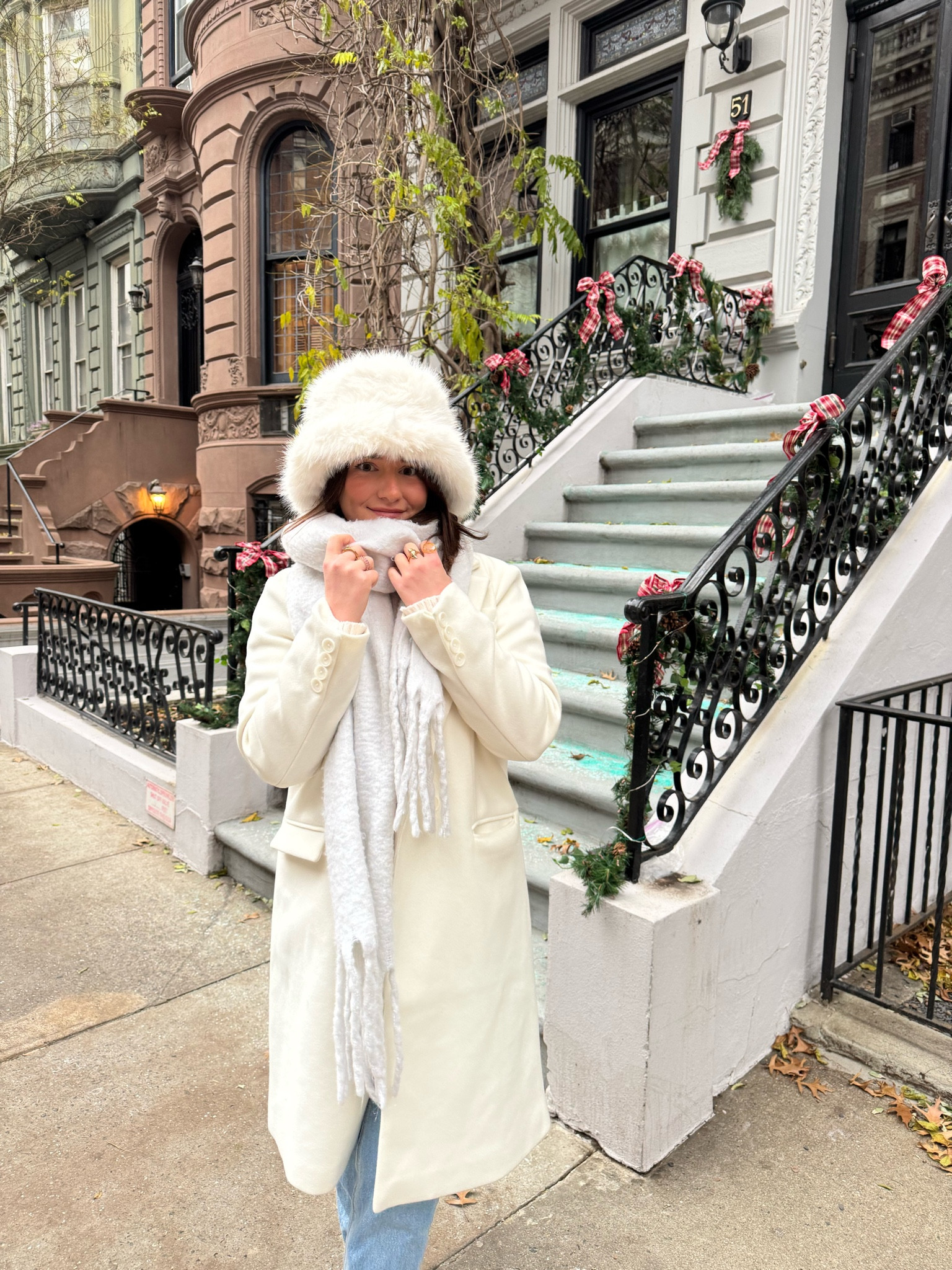 nyc, outfit, winter, ootd, cold, chilly, warm fit, white, fur, hat, pea coat, wool, trench, jeans, denim, Uggs, ootd, scarf, monochromatic, inspo, trendy, aesthetic, New York City, day trip, weekend, casual, chic, fashion, fluffy, bucket hat, brownstone, christmas, holidays, travel, pose, picture, cute, decor, decorations, inspiration 

#LTKSeasonal #LTKStyleTip #LTKHoliday