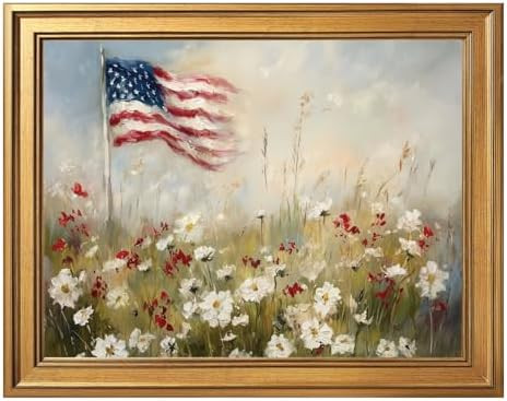 Framed Patriotic Flower American Flag Wall Art Canvas Print Vintage Floral Landscape Painting 4th... | Amazon (US)