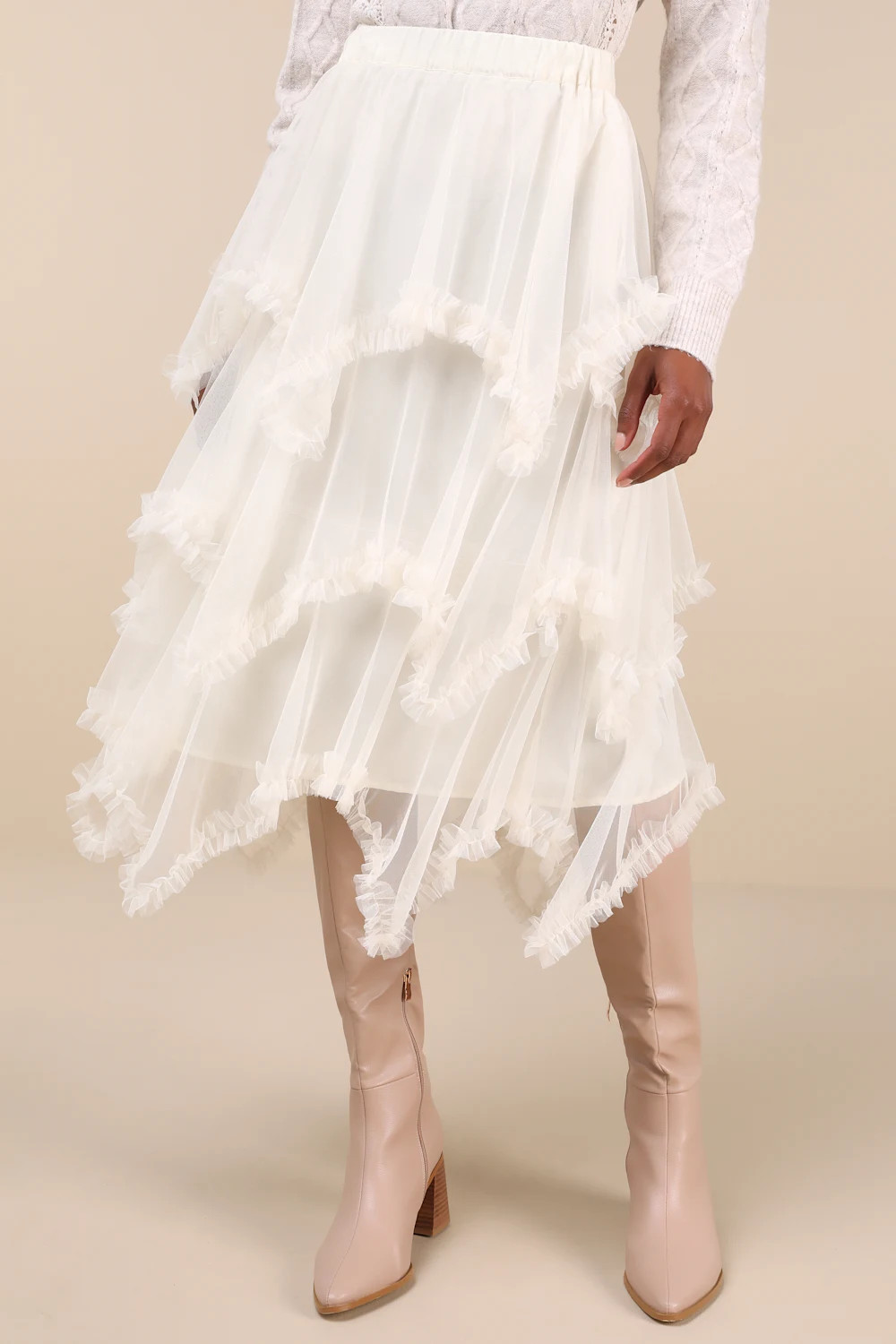 Dreamy Charisma Ivory Mesh Tiered Handkerchief Midi Skirt | Lulus