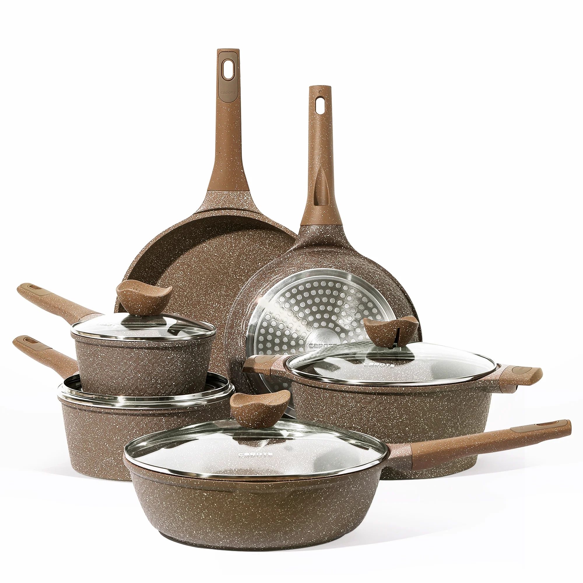 Carote Nonstick Granite Cookware Sets, 10 Pcs Brown Granite Pots and Pans Set, Induction Stone Ki... | Walmart (US)