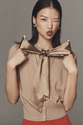 Maeve Puff-Sleeve Organza Bow-Front Cardigan Sweater | Anthropologie (US)