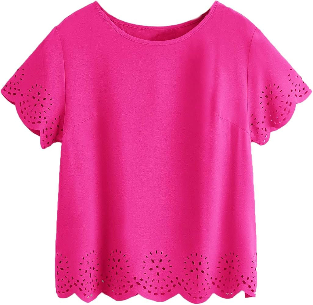SheIn Women's Casual Round Neck Summer Short Sleeve Scallop T-Shirt Top Blouse | Amazon (US)
