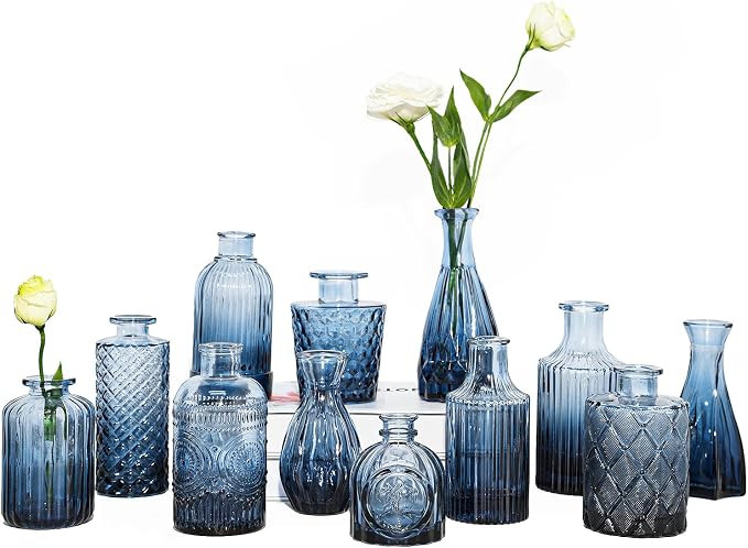 12Pcs Blue Glass Bud Vases Set, Small Vases for Flowers, Perfect for Centerpieces at Parties, Bab... | Amazon (US)