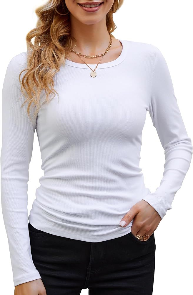 GEMBERA Womens Ribbed Long Sleeve Crewneck Casual Slim Basic Shirts Fitted Knit Tops | Amazon (US)