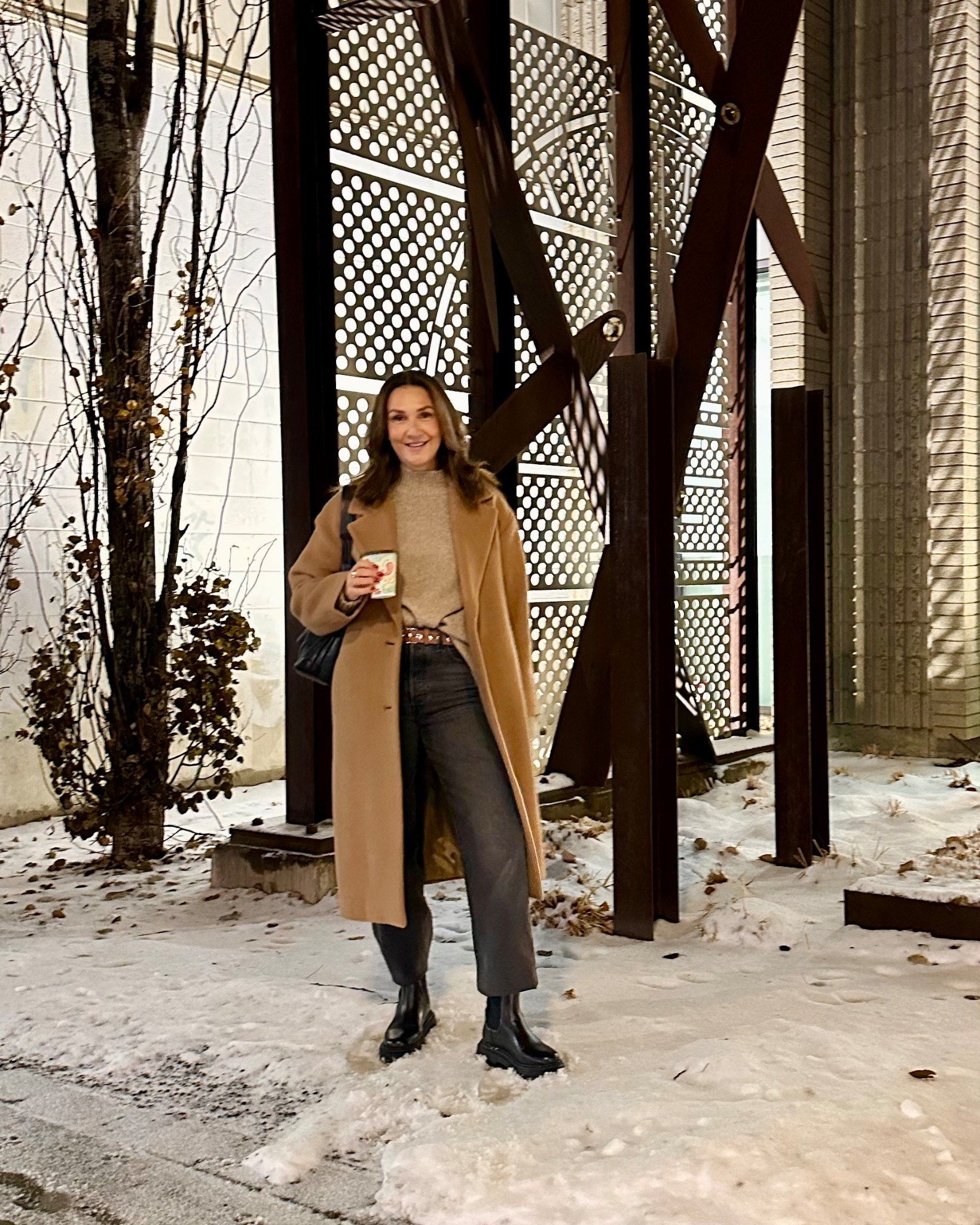 Dinner out with a little walk through a cute neighborhood first! 
I’m 5’ 7” wearing my usual size small in my fave camel wool coat and M in the beige sweater (it’s already an oversized fit, go with your usual size).
Jeans fit tts, I folded mine up to work better with these boots.


#LTKHoliday #LTKootd #LTKSeasonal