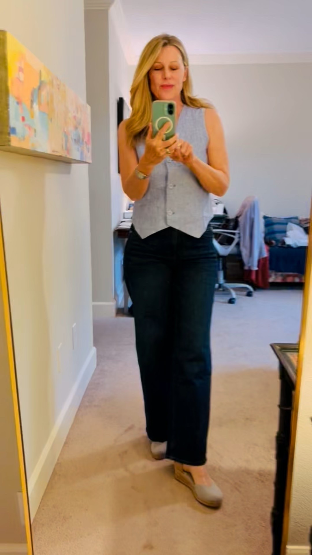 Denim for Fall travel 

My favorite denim style for fall is a trouser style (or wide leg) jean because it’s the most versatile. It looks fantastic dressed up with a blazer and heels, or with a simple top like I am wearing here. 

These are true to size and have some stretch. They come in three lengths— I am 5’6” and wearing the 30” inseam. Plus lots of colors. I love a dark wash! 

They are uber soft and quite light - great for packing. 

And isn’t this linen vest adorable? It’s back in stock. I’m wearing XS. I tried the S (my usual size) but it gaped in the wrong places. 

#LTKOver40 #LTKFindsUnder50 #LTKTravel