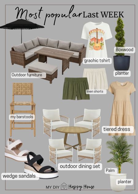 Most loved last week:

•Outdoor set
•outdoor fringe umbrella
•graphic T-shirt (multiple designs)
•tiered dress (multiple colors)
•boxwood topiary 
•black planter 
•white fluted planter 
•5 ft palm 
•my kitchen barstools 
•wedge sandals (2 colors) 
•outdoor dining set
•linen shorts 

#LTKHome #LTKSeasonal #LTKStyleTip