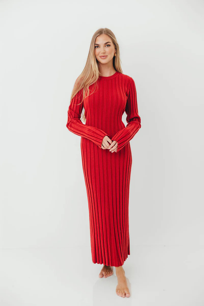 Colette Luxe Premium Long Sleeve Knit Maxi Dress in Muted Red - Bump F | Worth Collective