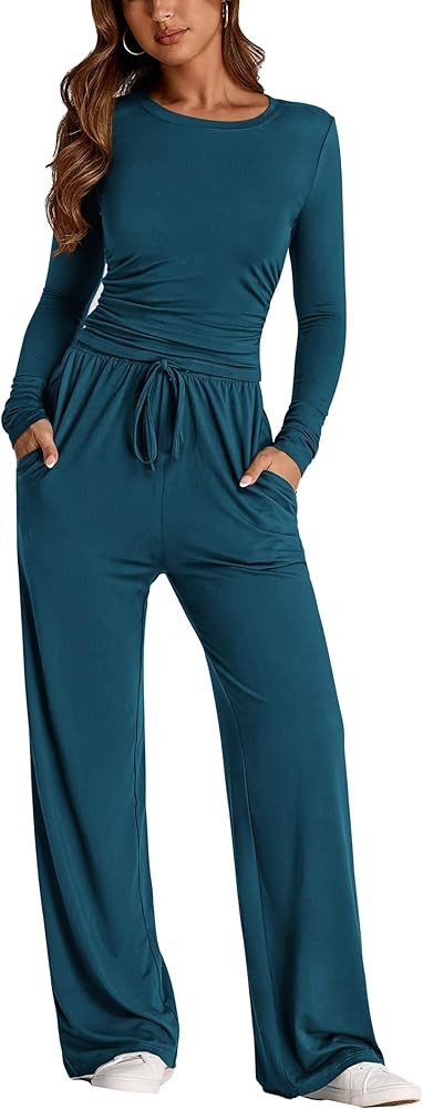 PRETTYGARDEN Women's 2 Piece Outfits Fall Tracksuits Long Sleeve Crop Tops Wide Leg Pants Spring ... | Amazon (US)