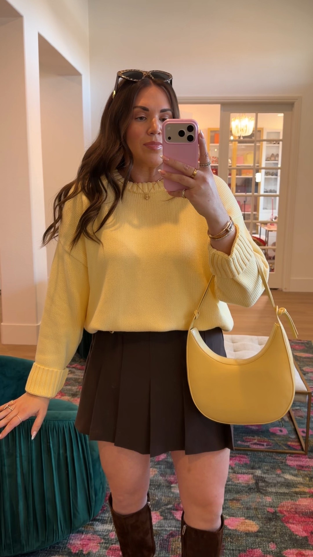 curvy midsize butter yellow and chocolate brown winter outfit! wearing size large in butter yellow sweater, size large in brown skirt, and size large in brown wool coat 

#LTKSeasonal #LTKMidsize #LTKFindsUnder100