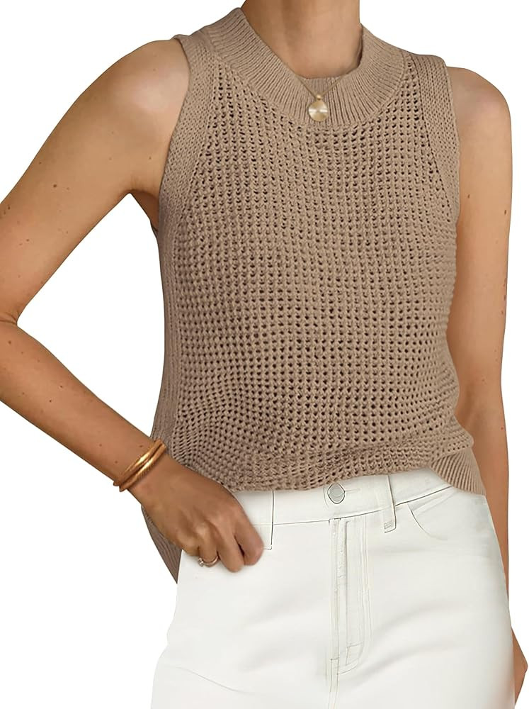 PRETTYGARDEN Summer Crochet Tank Tops for Women 2026 Casual Crewneck Hollow Out Loose Knit Sleeve... | Amazon (US)